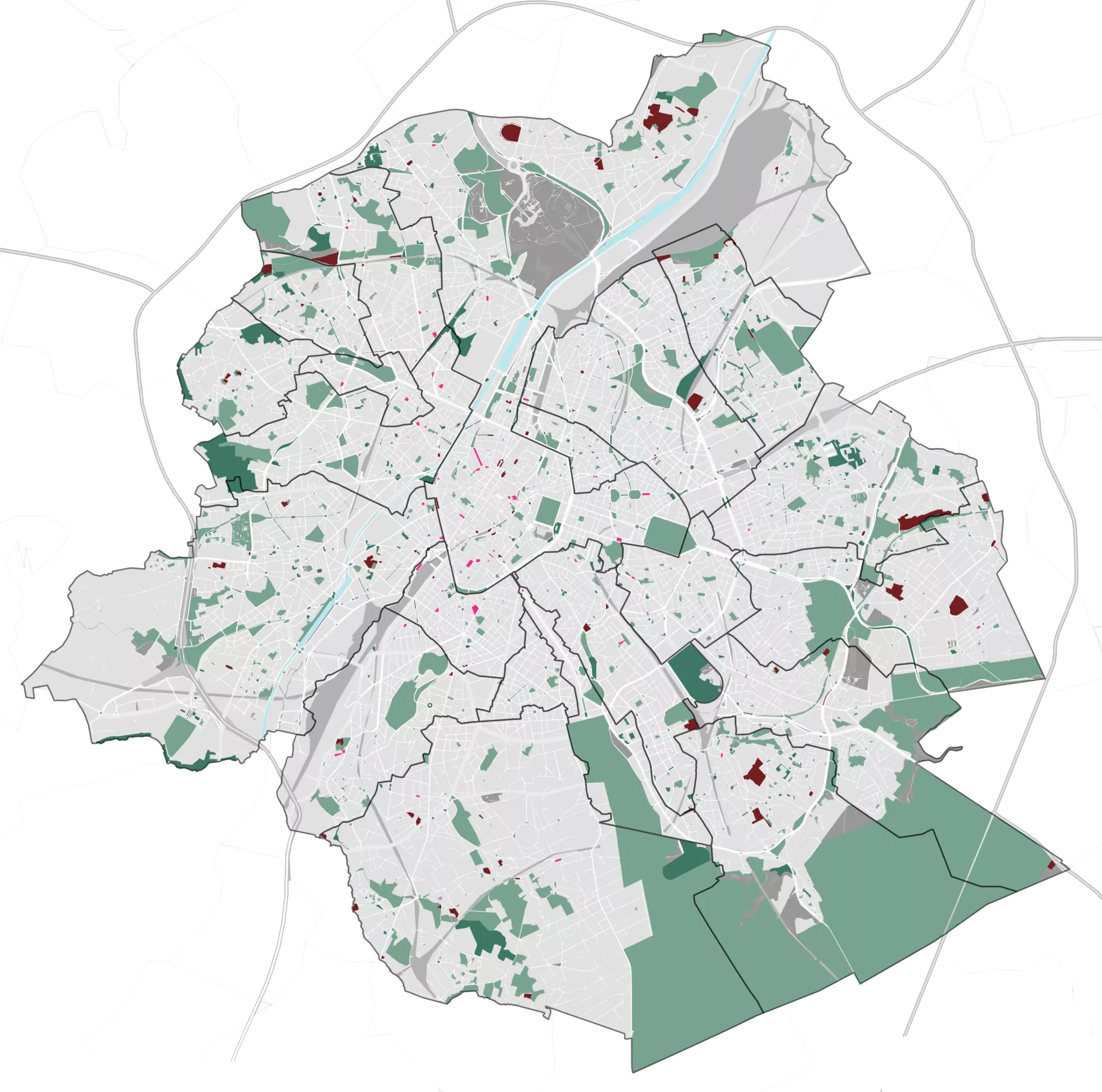 Carte de l'evolution des espaces verts entre 2008 et 2021