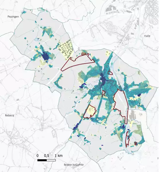 Carte indiquant l'évolution du bâti depuis 1777 à Tubize